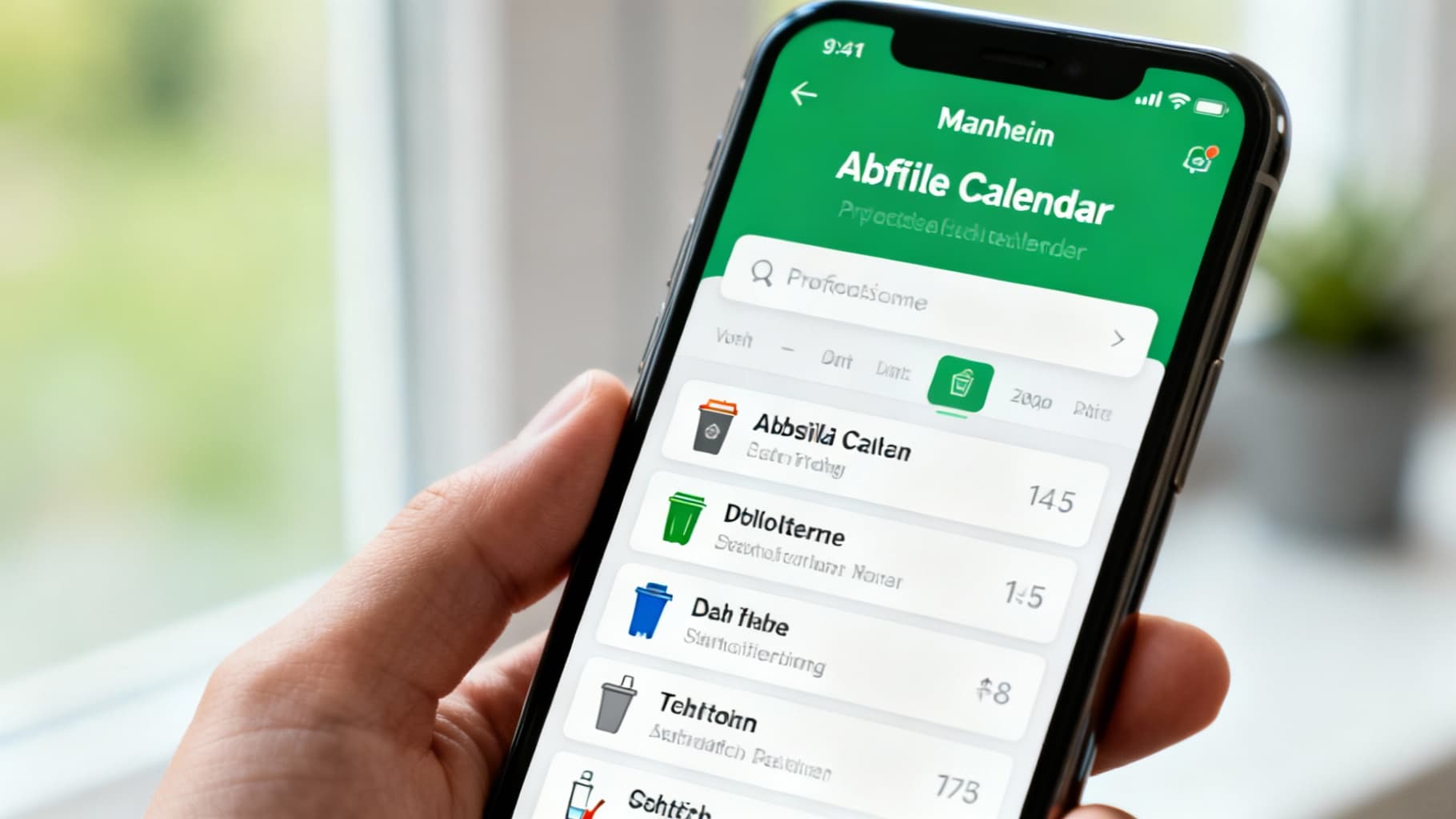 Smartphone mit Abfallkalender-App Mannheim zeigt Abholtermine für verschiedene Tonnen