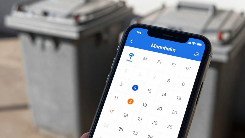 Smartphone mit Abfallkalender-App Mannheim zeigt Abholtermine für verschiedene Tonnen