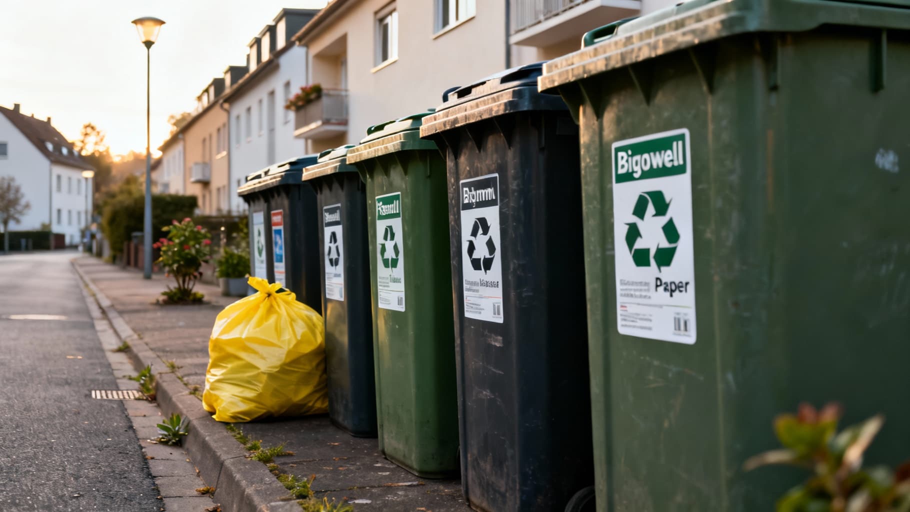 Verschiedene Recycling-Tonnen bereitgestellt am Straßenrand für die Müllabfuhr in Mannheim