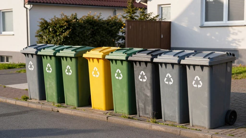 Verschiedene Recycling-Tonnen bereitgestellt am Straßenrand für die Müllabfuhr in Mannheim