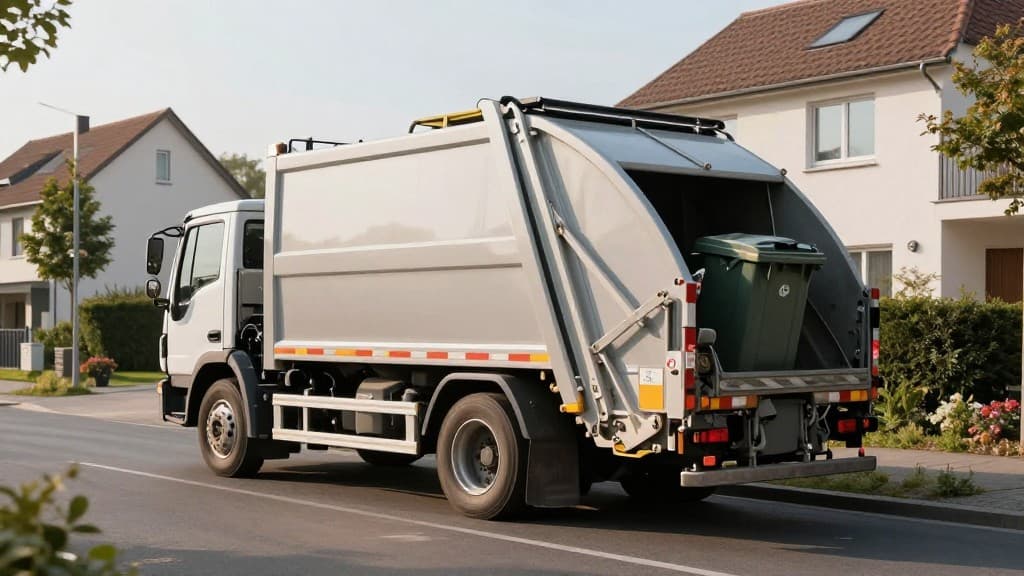 Müllfahrzeug leert verschiedene Recycling-Tonnen in einer Mannheimer Wohnstraße