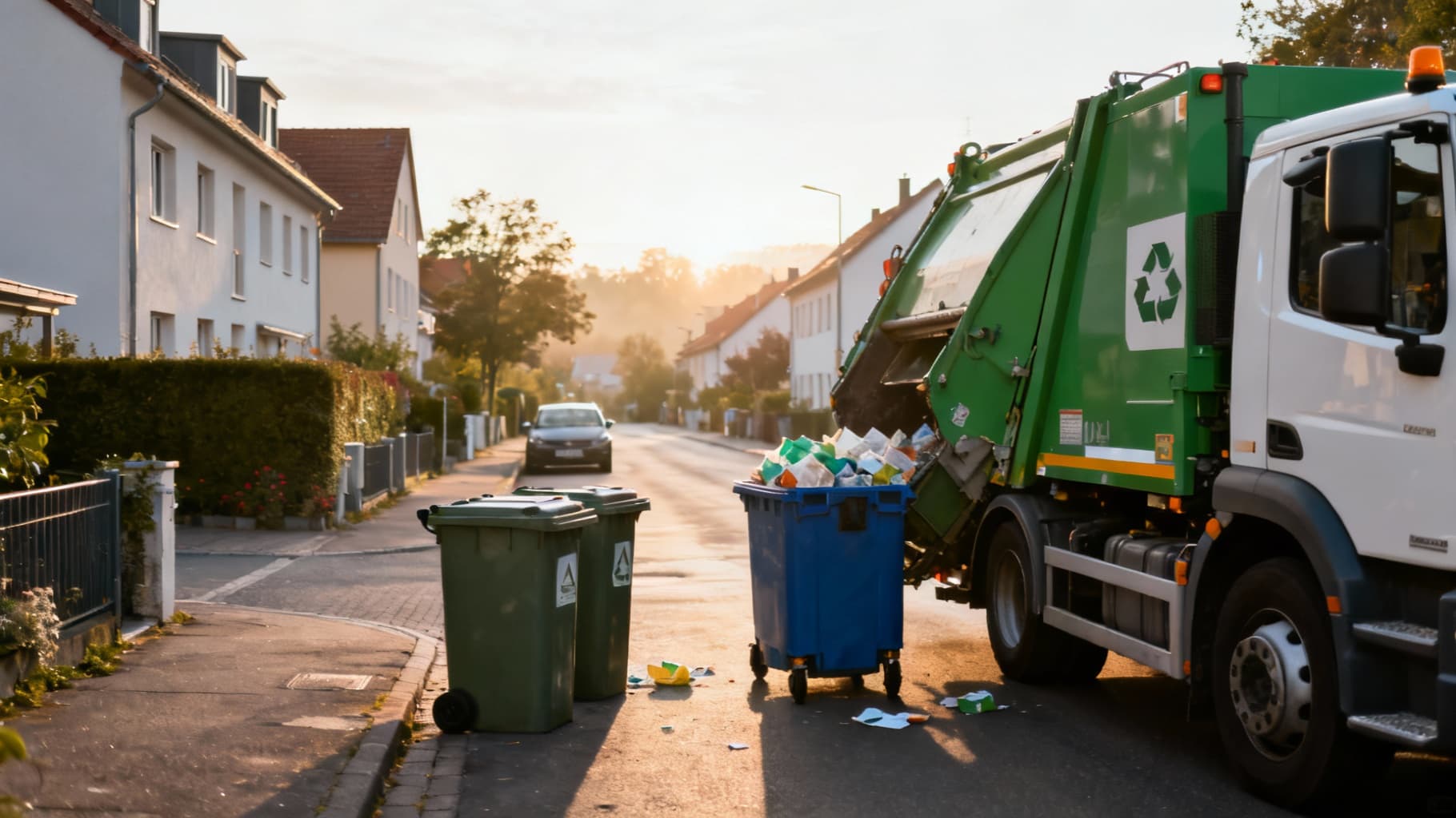 Müllfahrzeug leert verschiedene Recycling-Tonnen in einer Mannheimer Wohnstraße