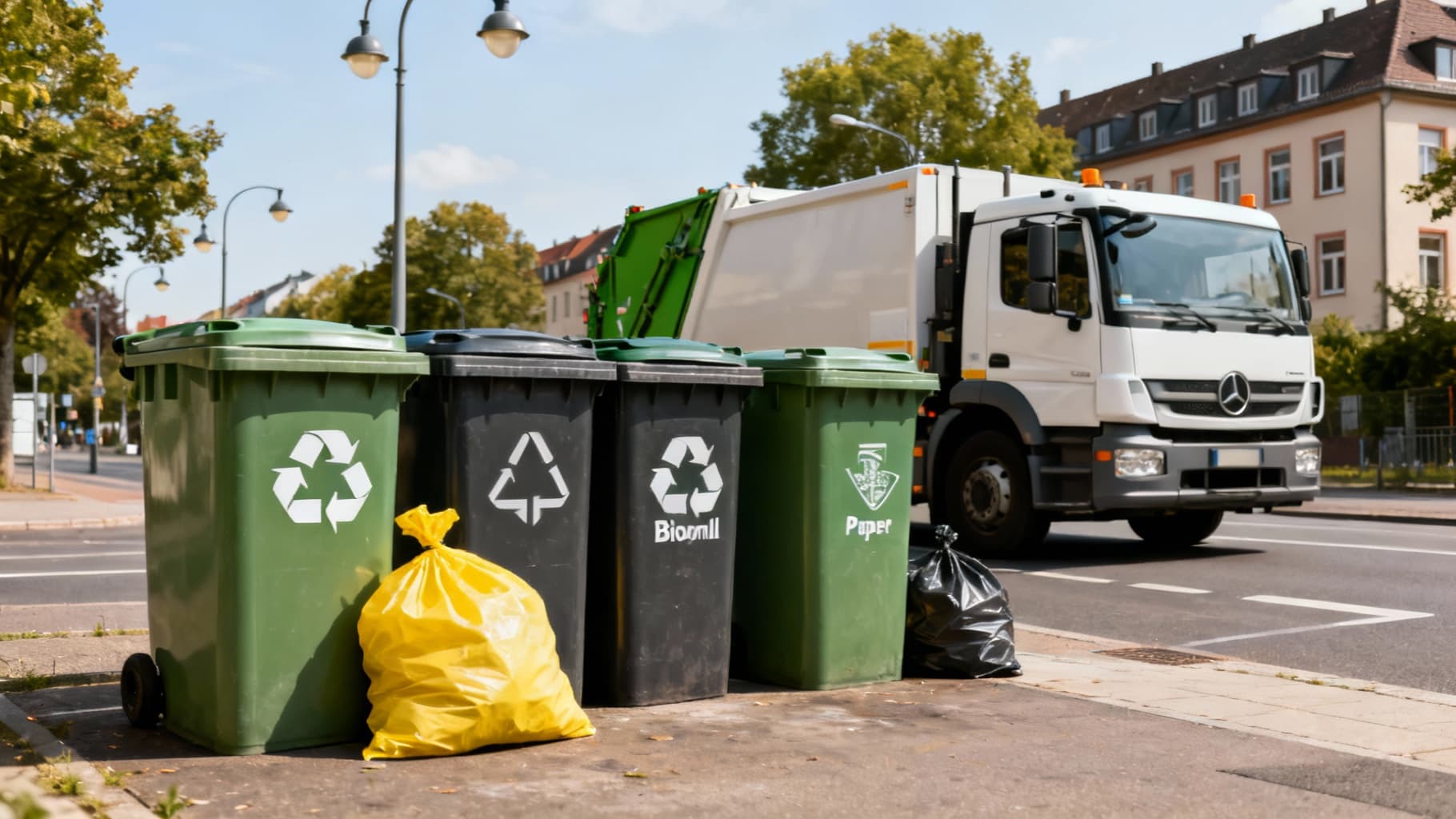 Abfallkalender Mannheim mit verschiedenen Recycling-Tonnen und Müllfahrzeug in städtischer Umgebung