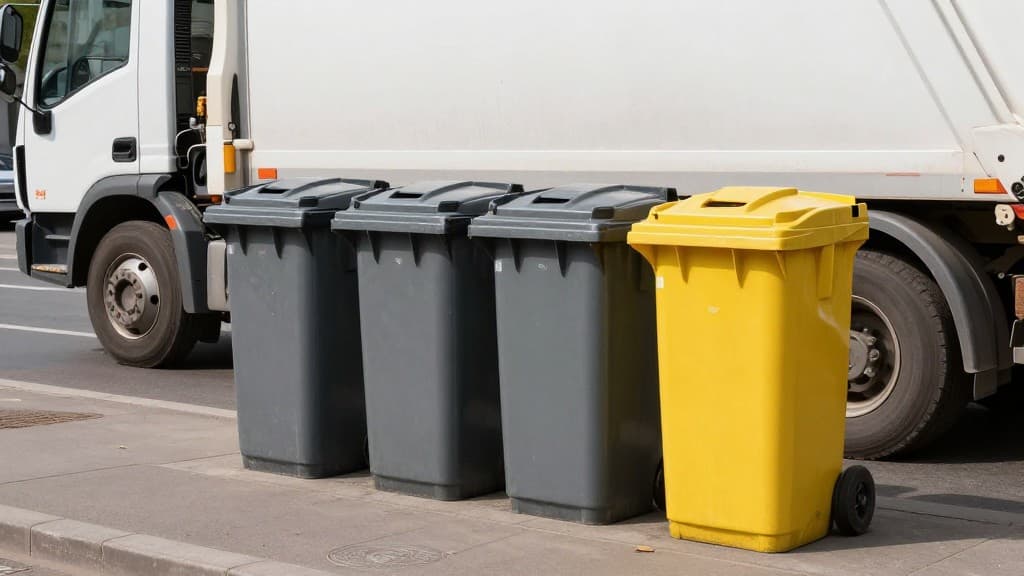 Abfallkalender Mannheim mit verschiedenen Recycling-Tonnen und Müllfahrzeug in städtischer Umgebung