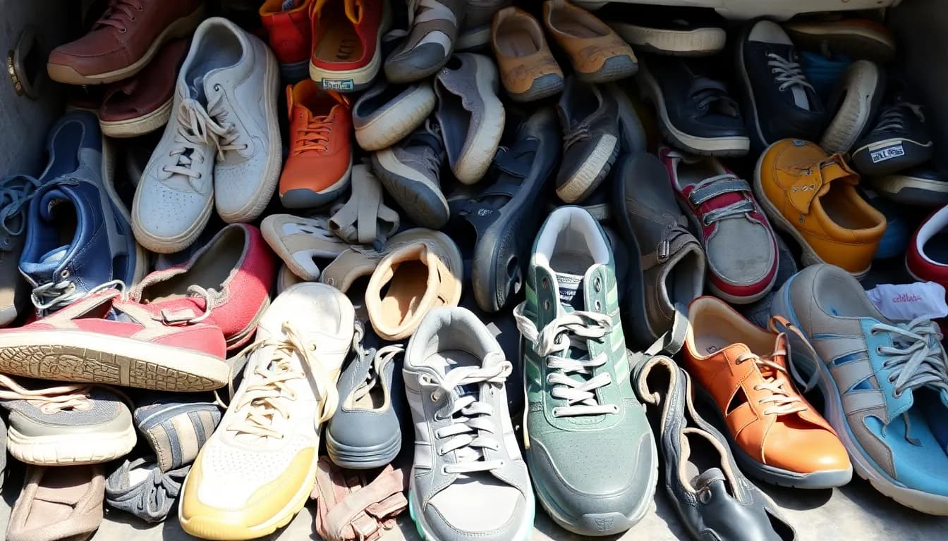 Verschiedene alte Schuhe sortiert nach Zustand und Art - Sportschuhe, Stiefel, Sandalen und kaputte Schuhe zur Entsorgung bereit
