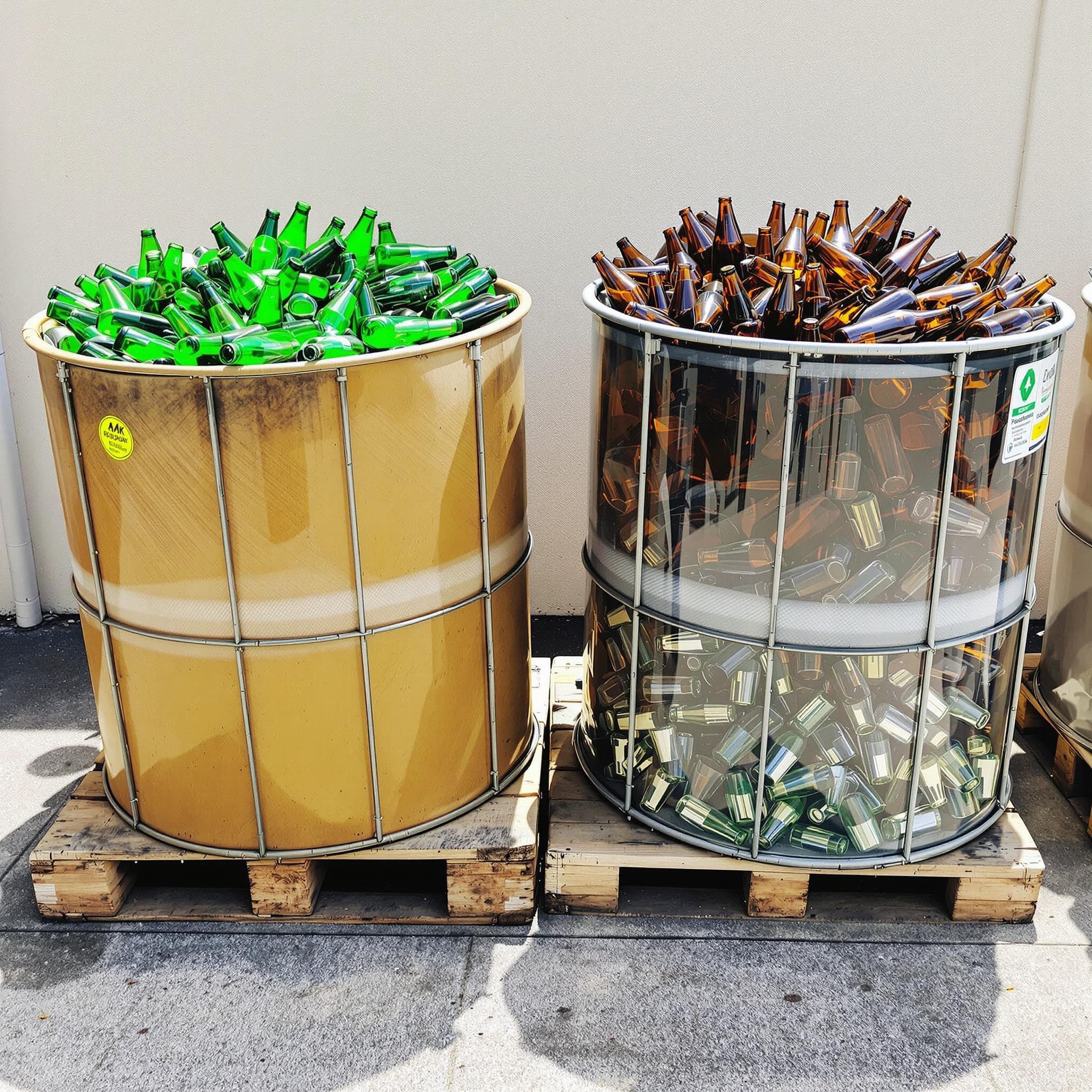 Öffentliche Altglascontainer in Deutschland für Weißglas, Braunglas und Grünglas an einem sonnigen Tag