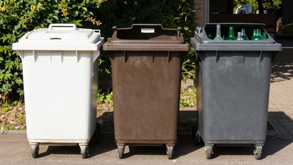 Öffentliche Altglascontainer in Deutschland für Weißglas, Braunglas und Grünglas an einem sonnigen Tag