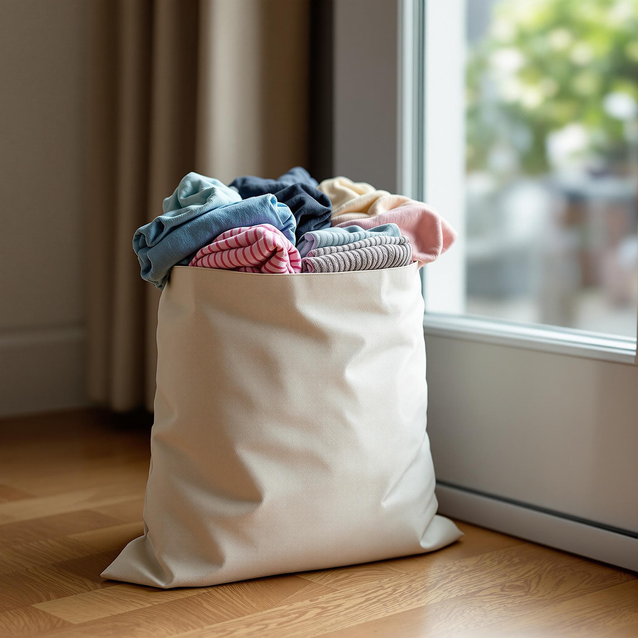 Sauber gefaltete Altkleider und gepaarte Schuhe in einem Sammelsack bereit zur Spende.