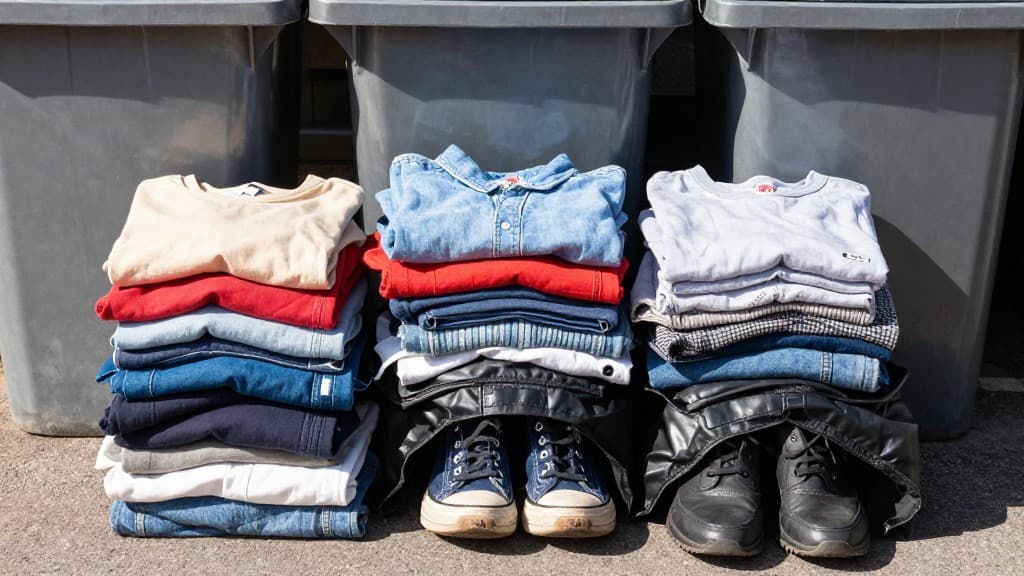 Sauber gefaltete Altkleider und gepaarte Schuhe in einem Sammelsack bereit zur Spende.