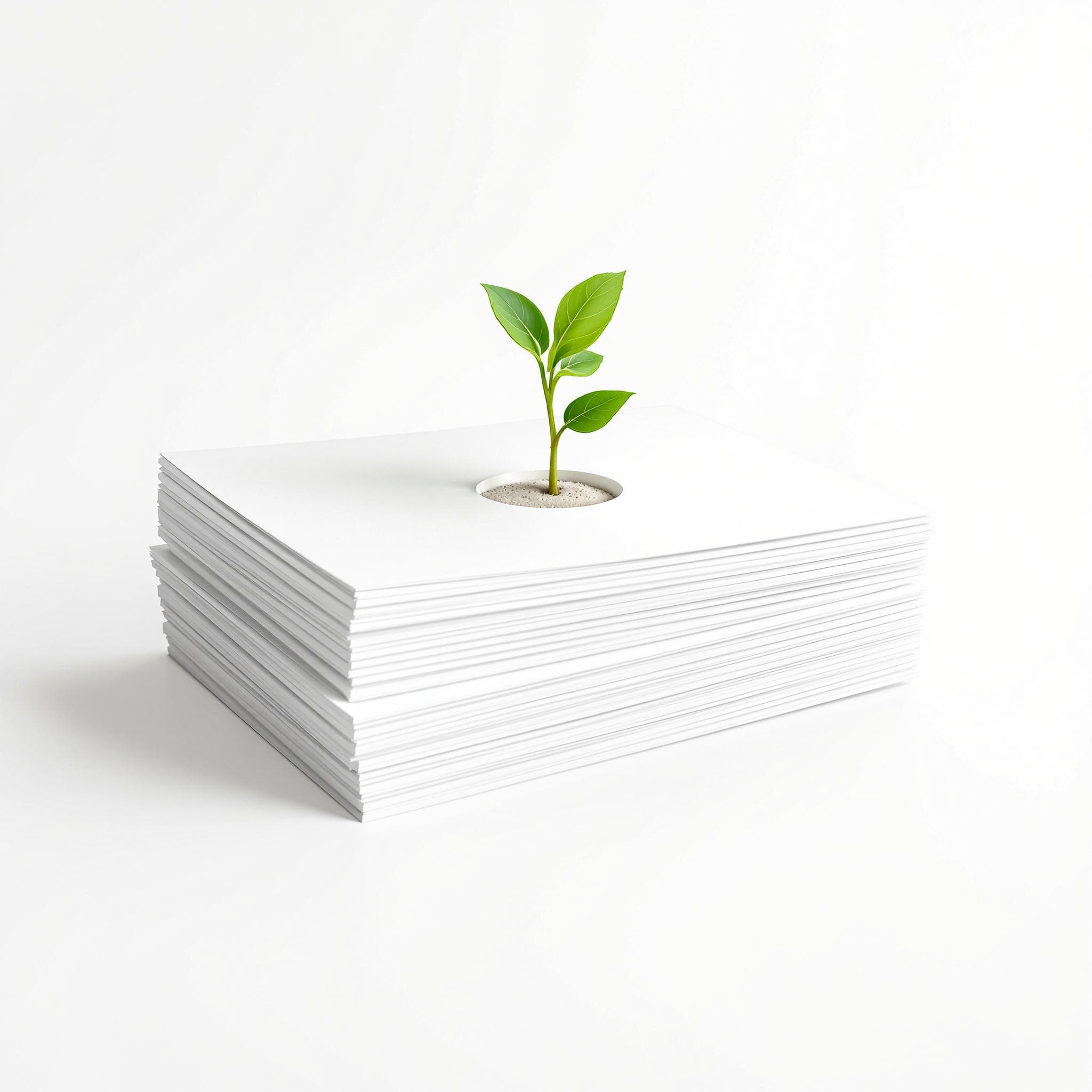 Symbolbild für Altpapier-Recycling: Papierstapel neben einem grünen Sprössling