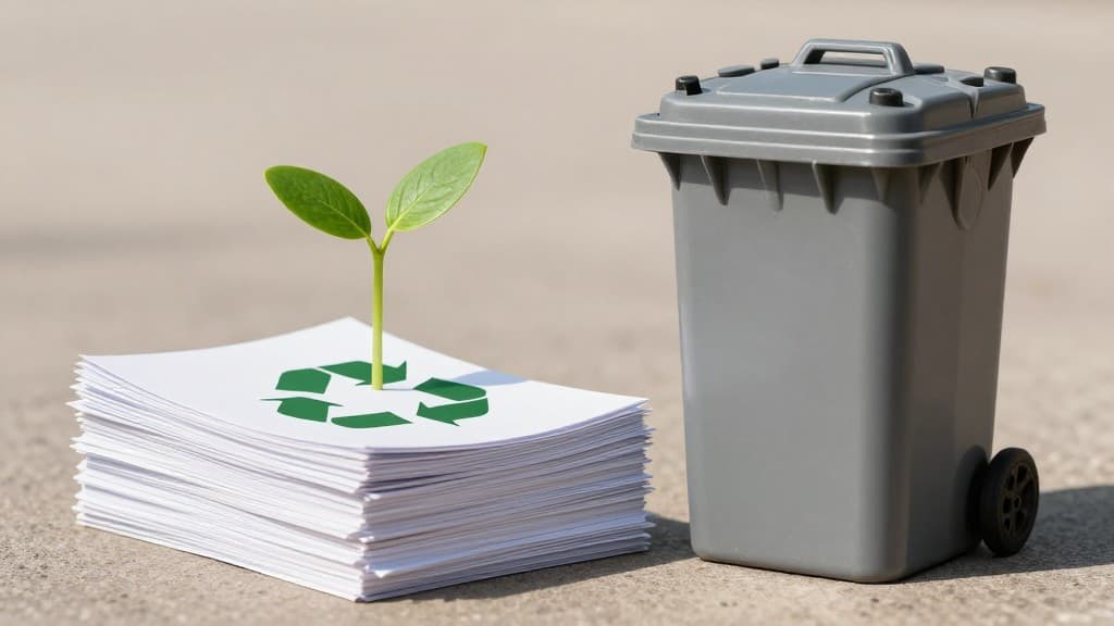 Symbolbild für Altpapier-Recycling: Papierstapel neben einem grünen Sprössling
