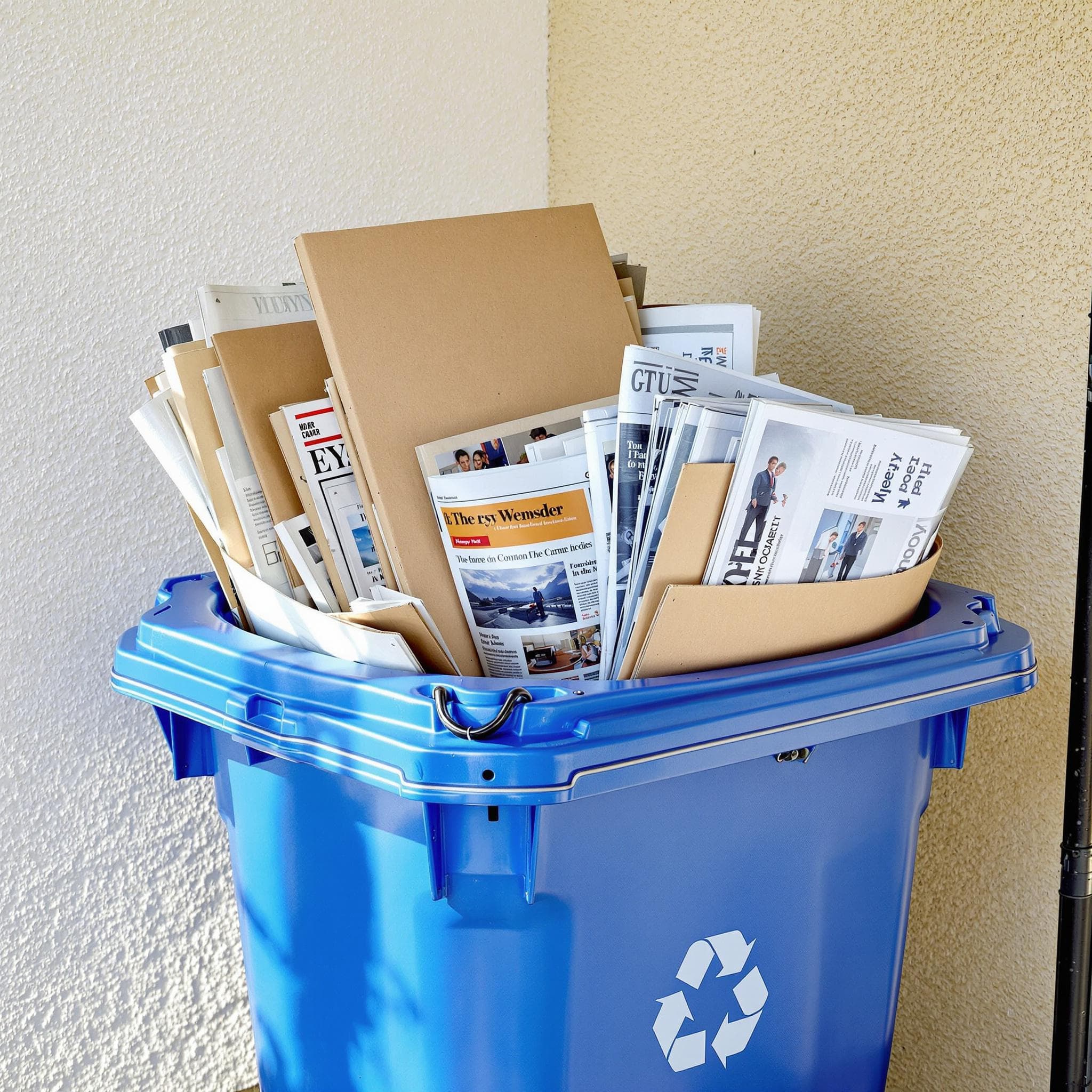 Gestapeltes Altpapier und Kartons neben einer blauen Papiertonne in Deutschland