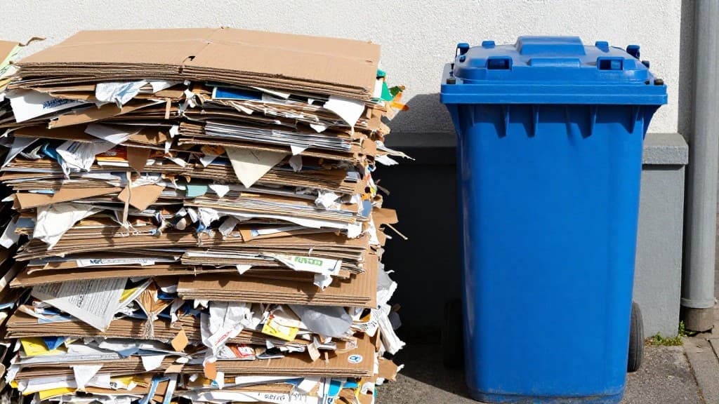 Gestapeltes Altpapier und Kartons neben einer blauen Papiertonne in Deutschland