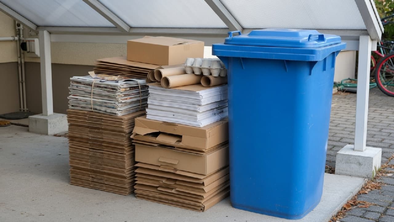 Sortiertes Altpapier und Karton bereit für die blaue Papiertonne