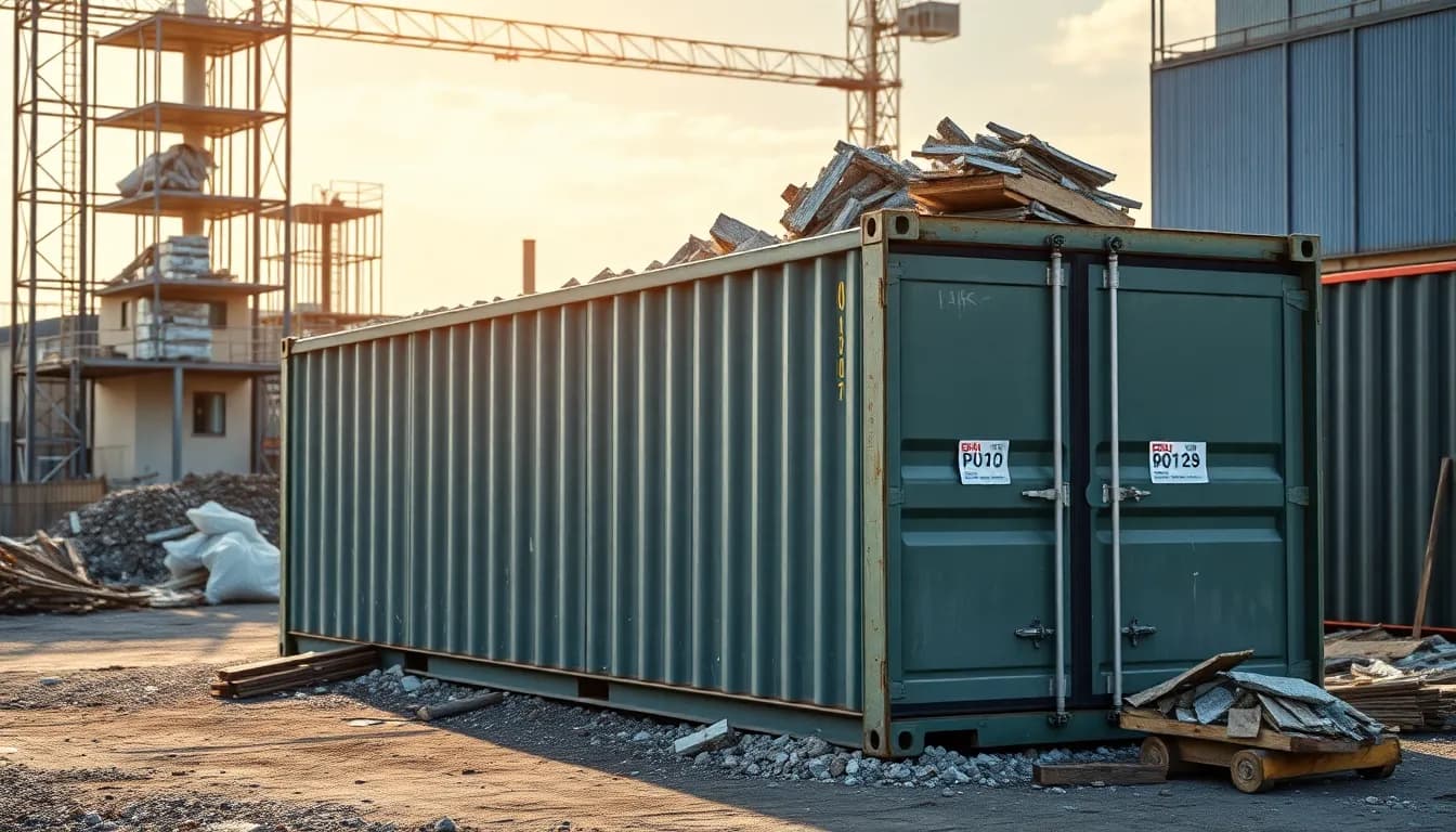 Große Bauabfall-Container auf einer Baustelle mit verschiedenen Baumaterialien