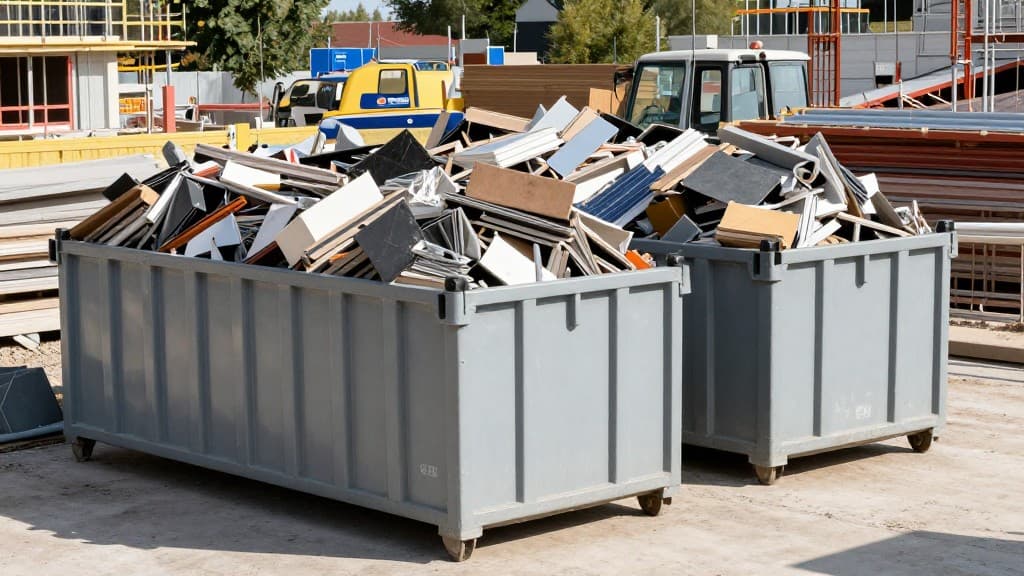 Große Bauabfall-Container auf einer Baustelle mit verschiedenen Baumaterialien