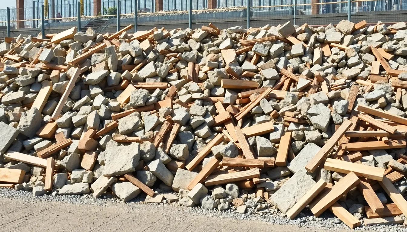 Professionelle Bauabfälle auf einer deutschen Baustelle - Steine, Holz, Fliesen und Baumaterialien sortiert nach Art