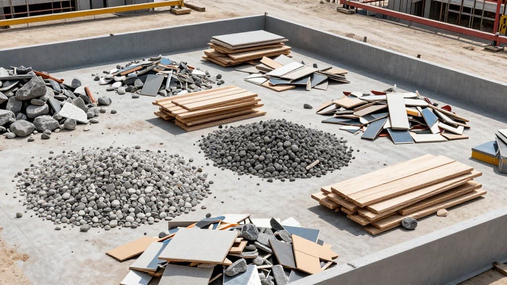 Professionelle Bauabfälle auf einer deutschen Baustelle - Steine, Holz, Fliesen und Baumaterialien sortiert nach Art