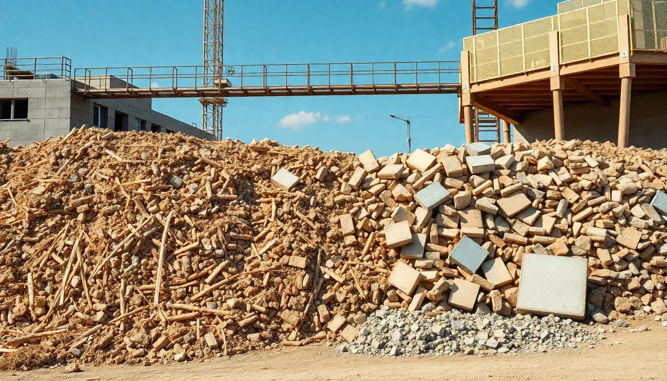 Richtige Trennung von Bauabfällen - Bauschutt getrennt von Baumischabfall auf einer Baustelle