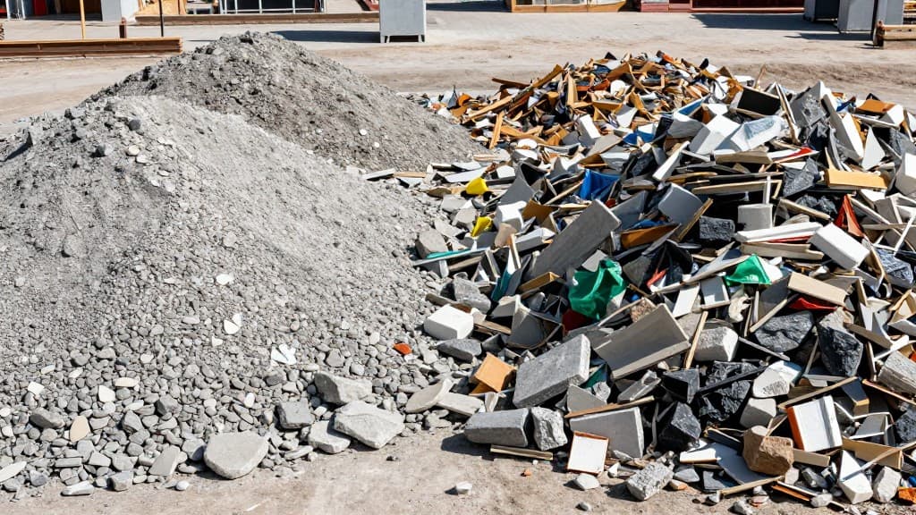 Richtige Trennung von Bauabfällen - Bauschutt getrennt von Baumischabfall auf einer Baustelle