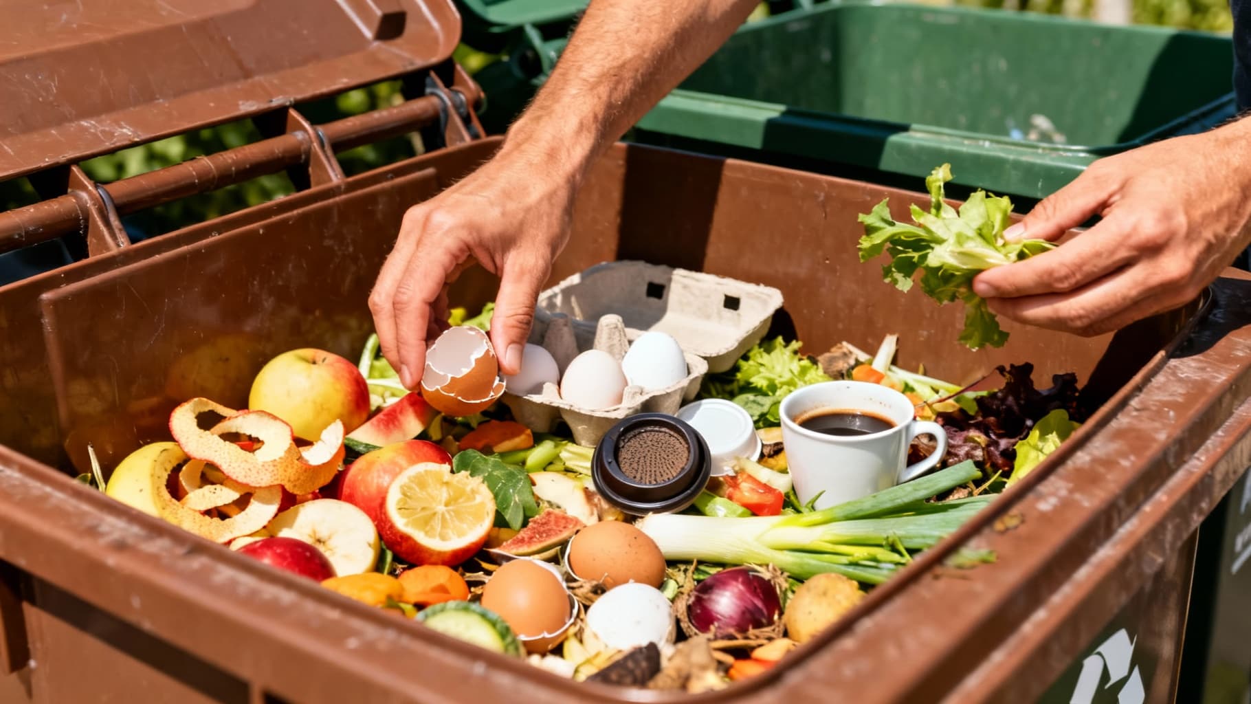 Nahaufnahme von Händen, die verschiedene Bioabfälle wie Obstschalen, Gemüsereste und Kaffeesatz in eine Biotonne sortieren