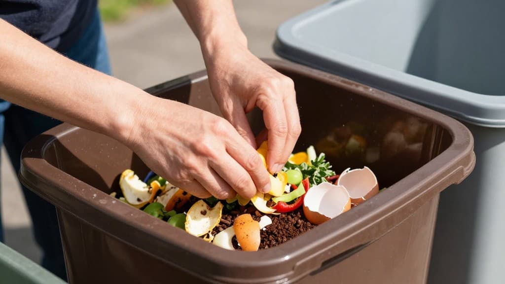 Nahaufnahme von Händen, die verschiedene Bioabfälle wie Obstschalen, Gemüsereste und Kaffeesatz in eine Biotonne sortieren