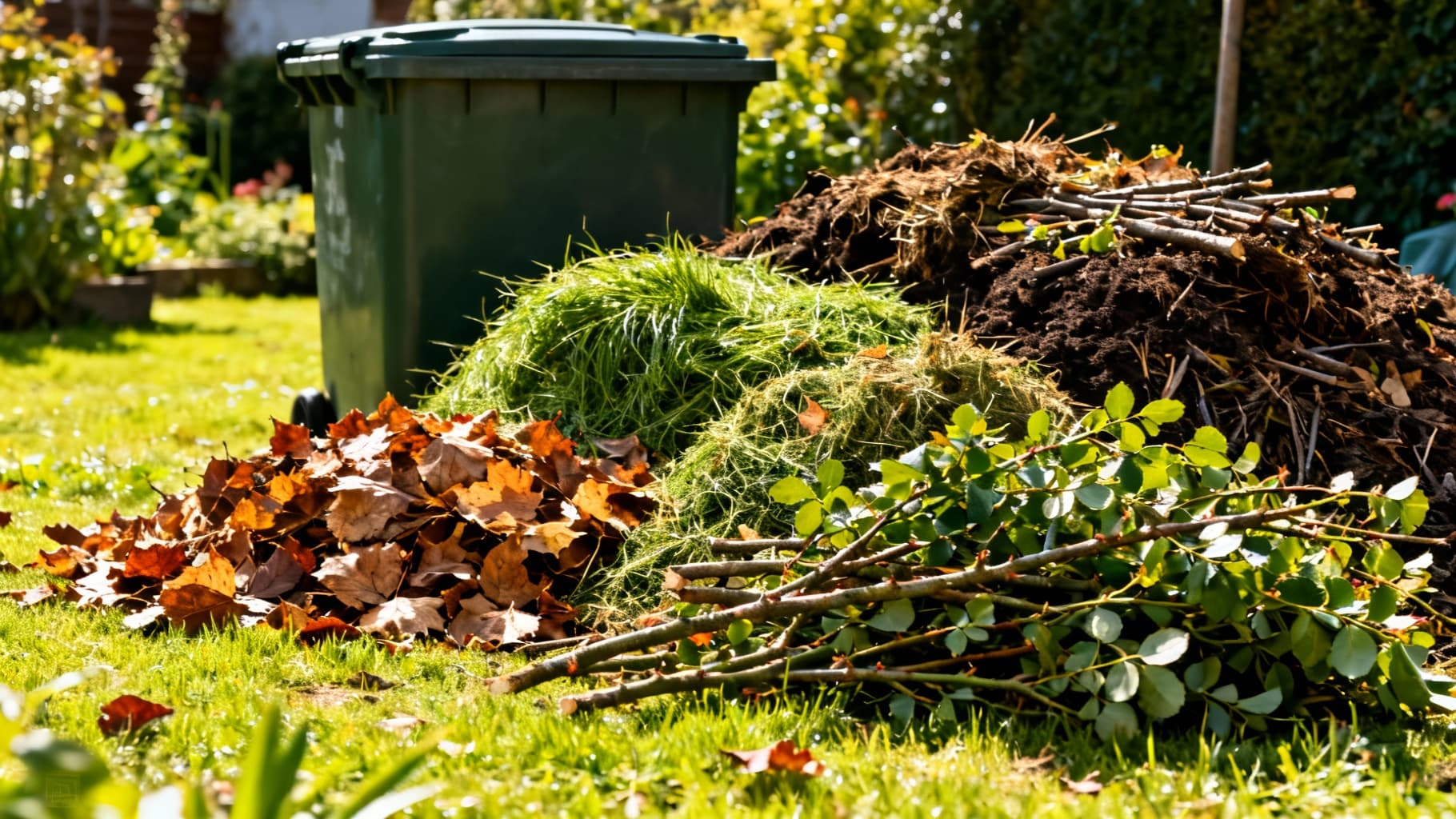 Verschiedene Gartenabfälle wie Rasenschnitt, Laub, Äste und Heckenschnitt, die für die Biotonne vorbereitet werden