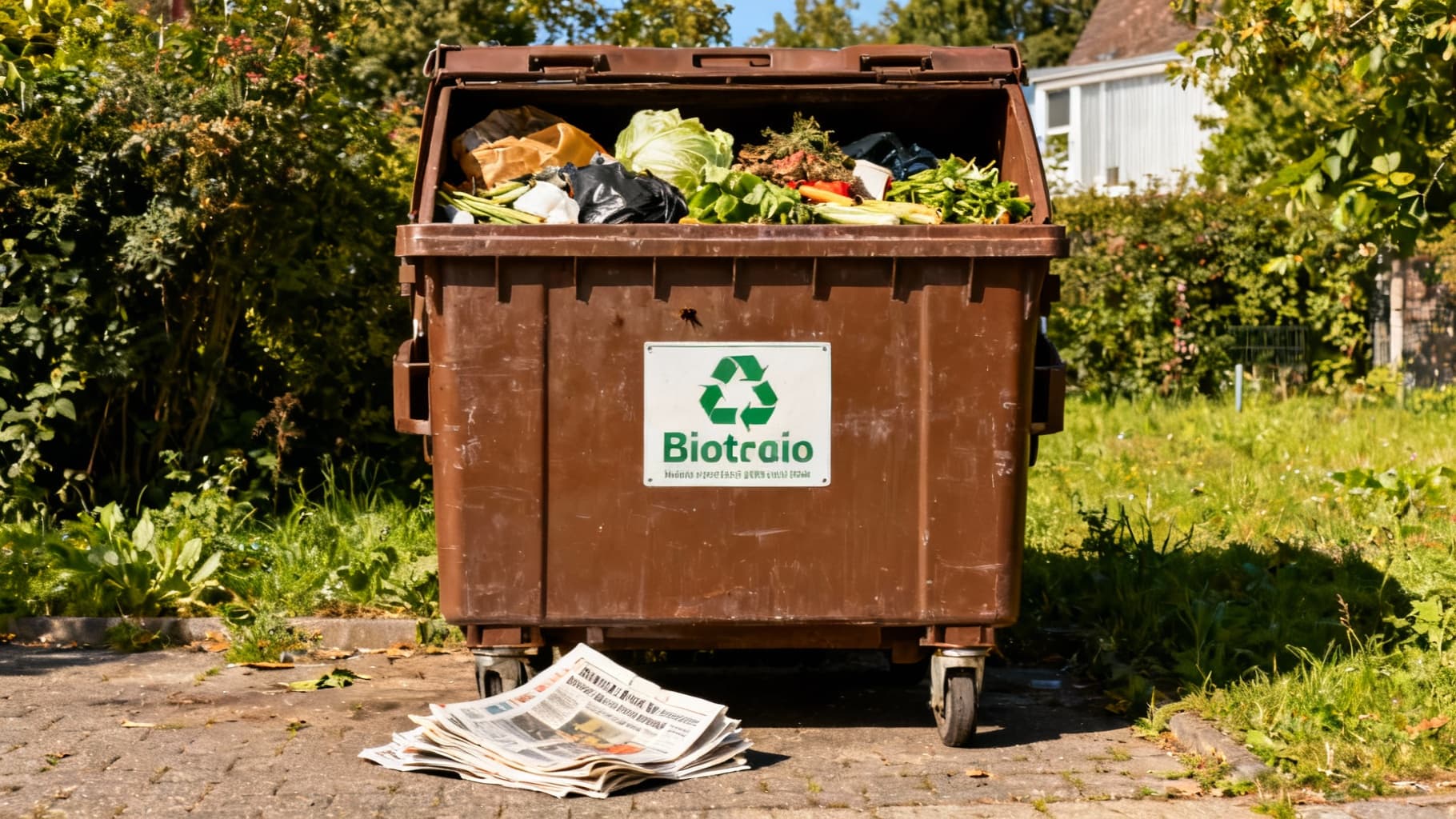 Saubere, gepflegte Biotonne mit Zeitungspapier am Boden, die richtig befüllt wird, um Maden zu vermeiden