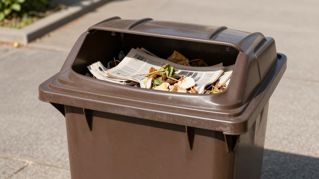 Saubere, gepflegte Biotonne mit Zeitungspapier am Boden, die richtig befüllt wird, um Maden zu vermeiden
