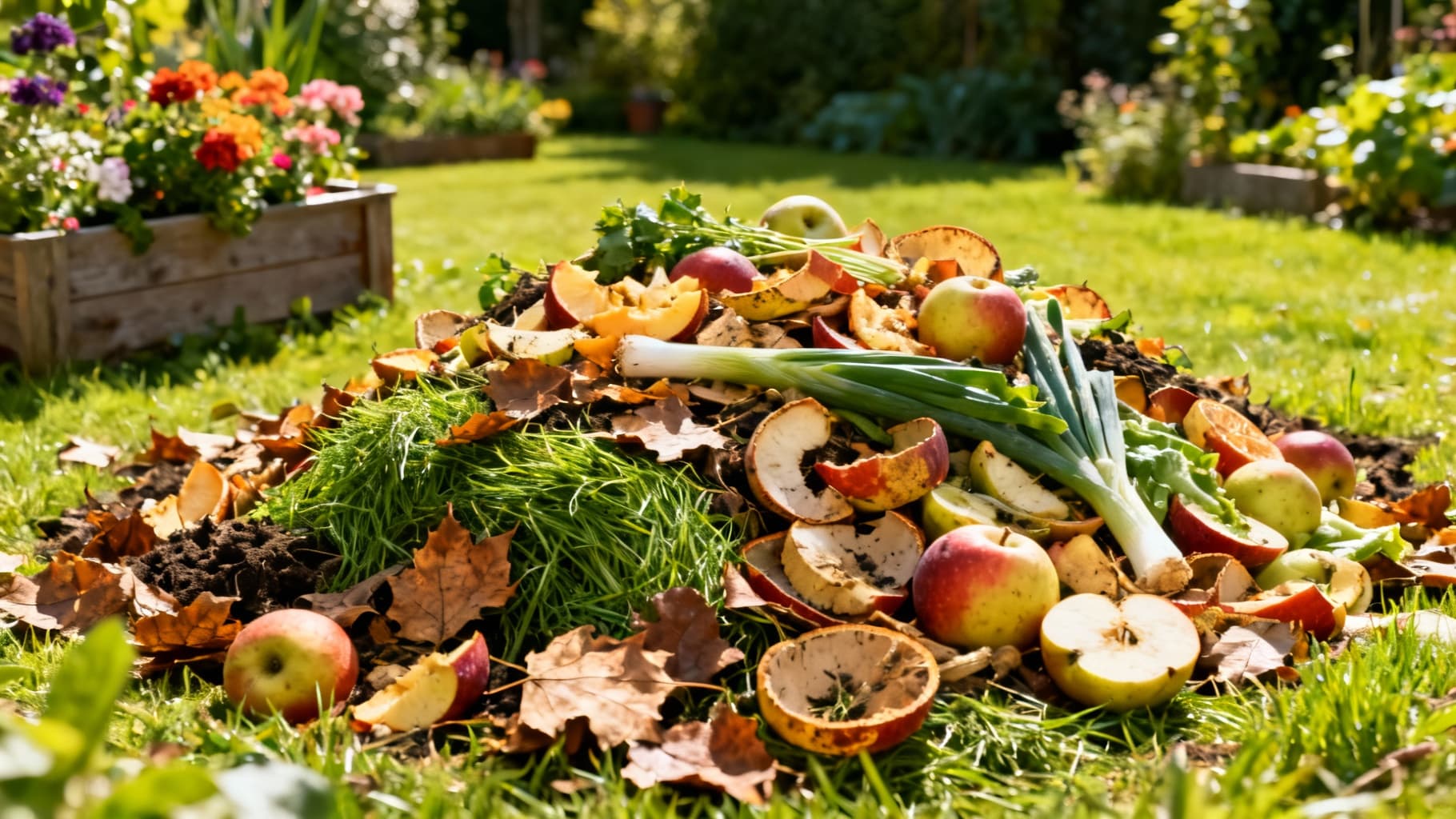 Ein Komposter in einem deutschen Garten mit verschiedenen Bioabfällen, die zu Kompost verrotten