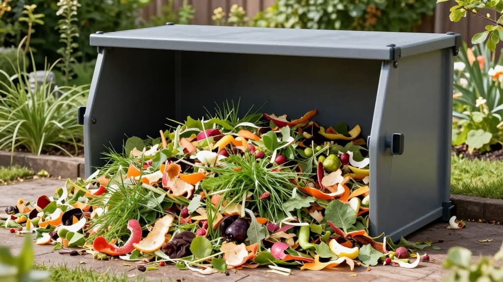 Ein Komposter in einem deutschen Garten mit verschiedenen Bioabfällen, die zu Kompost verrotten