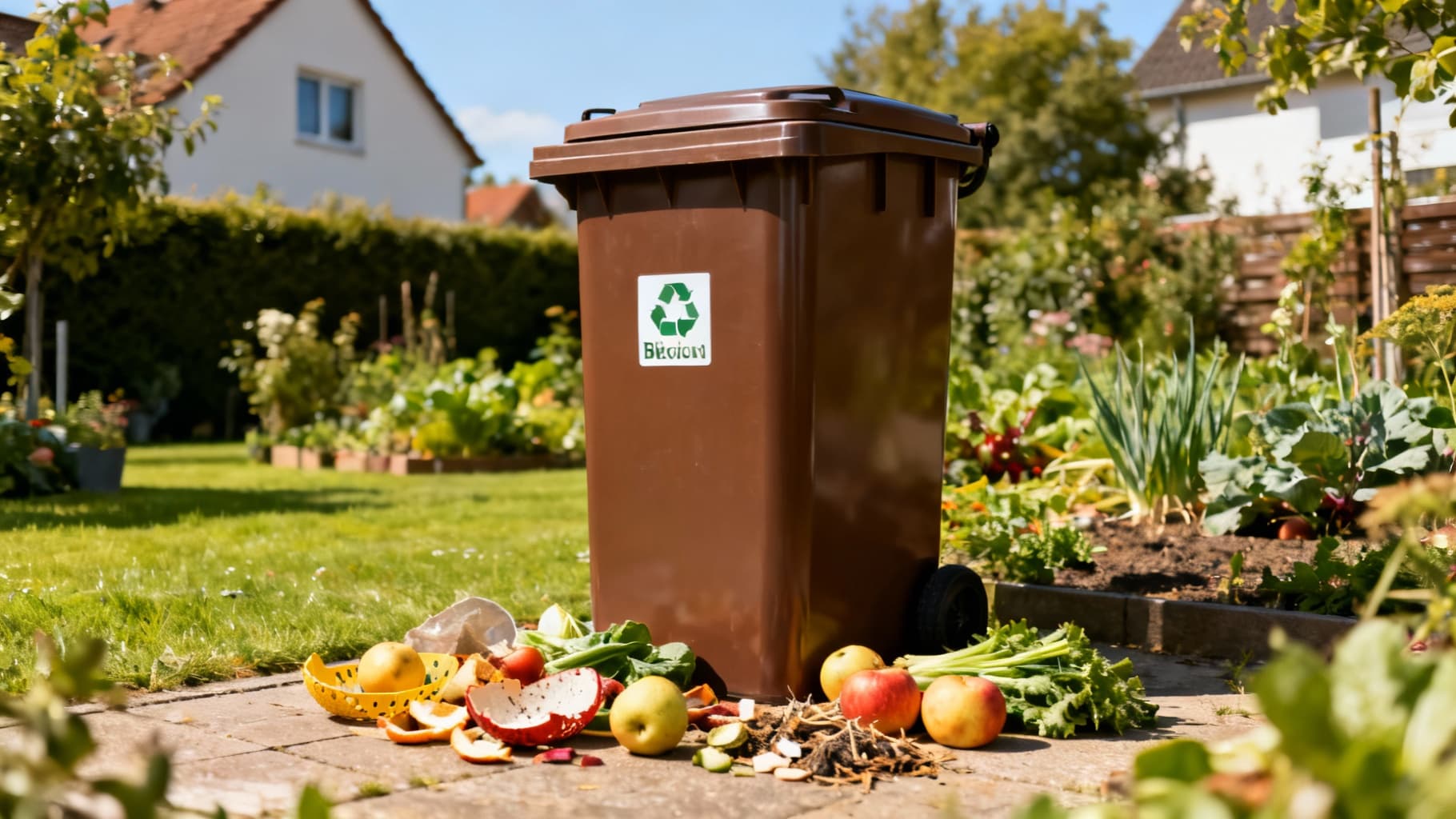 Moderne braune Biotonne in einem deutschen Garten mit verschiedenen Bioabfällen wie Obstschalen, Gemüseresten und Gartenabfällen