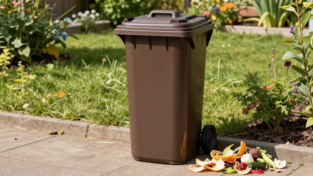 Moderne braune Biotonne in einem deutschen Garten mit verschiedenen Bioabfällen wie Obstschalen, Gemüseresten und Gartenabfällen