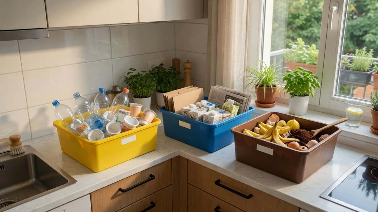 Mülltrennung in einer deutschen Küche mit verschiedenen Behältern für Bio-, Papier- und Restabfall