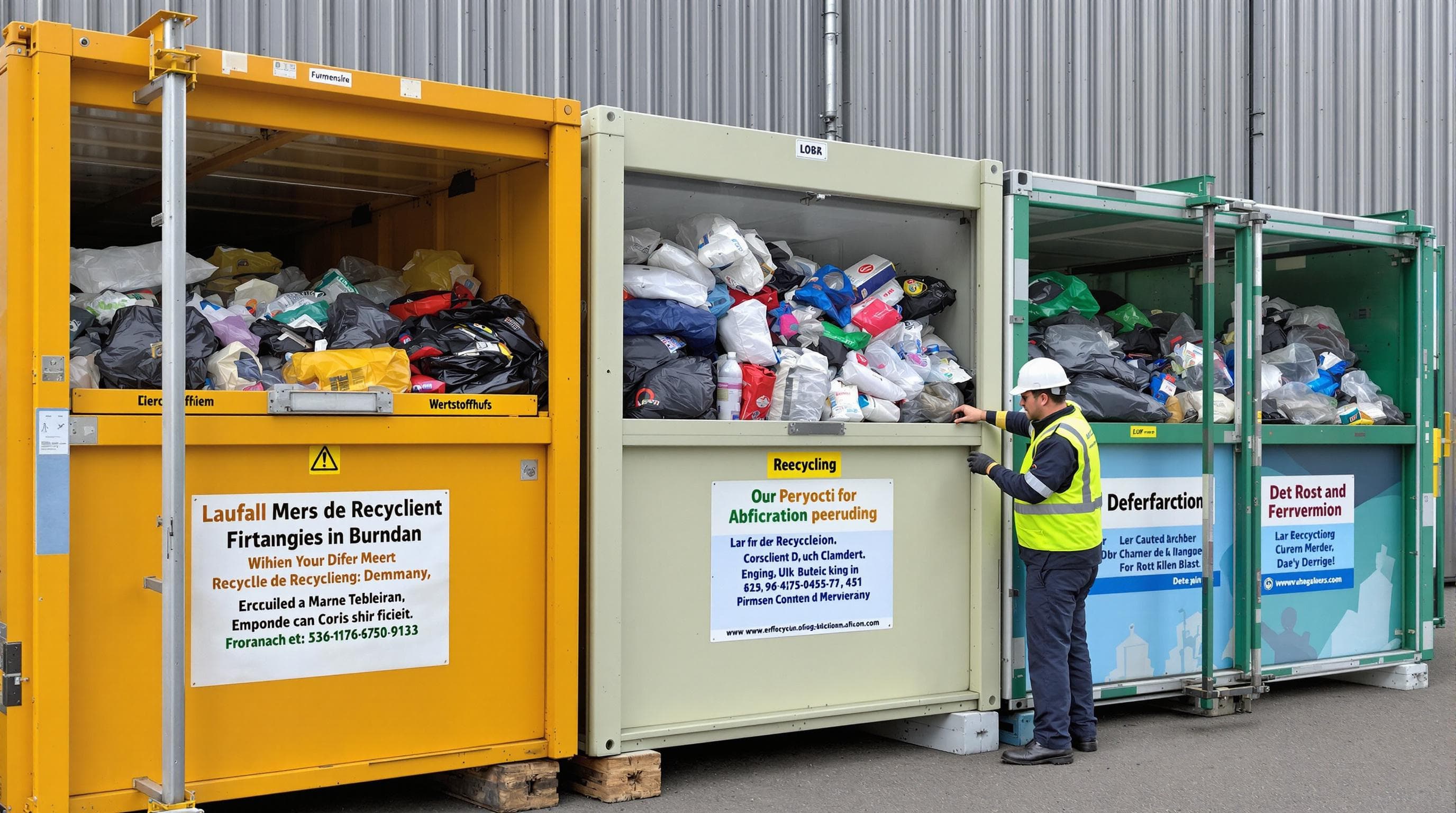Übersicht eines deutschen Wertstoffhofs mit Containern und Fahrzeugen