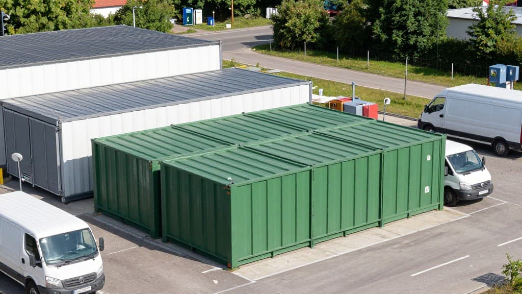 Übersicht eines deutschen Wertstoffhofs mit Containern und Fahrzeugen