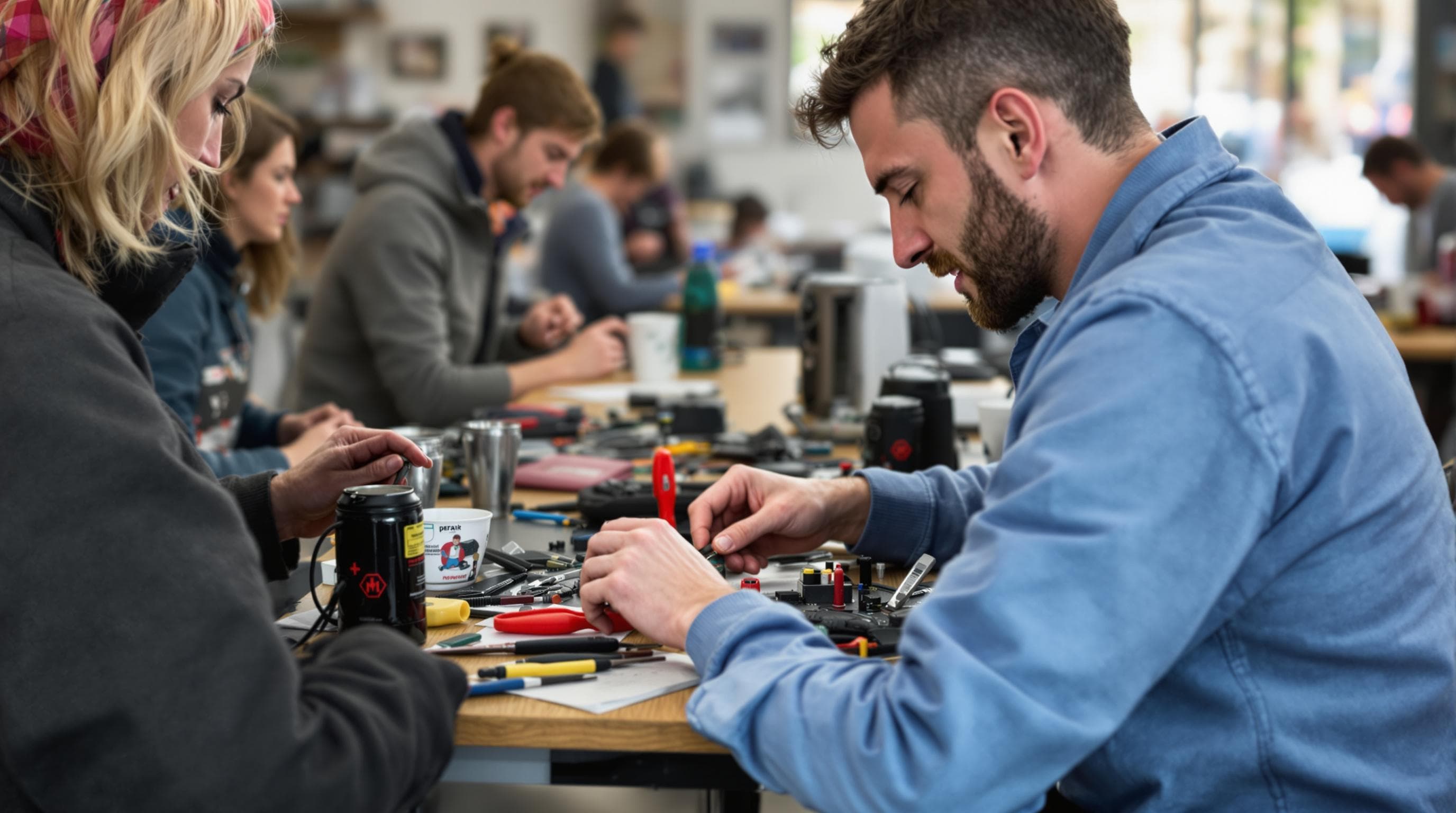 Deutsches Repair-Café mit Menschen, die gemeinsam defekte Elektrogeräte reparieren und sich gegenseitig helfen