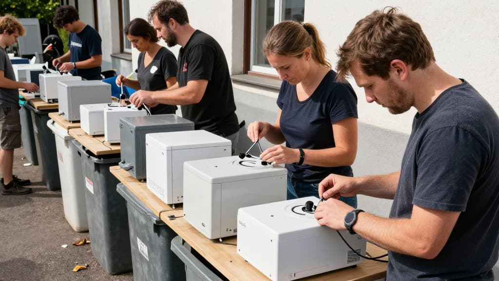 Deutsches Repair-Café mit Menschen, die gemeinsam defekte Elektrogeräte reparieren und sich gegenseitig helfen