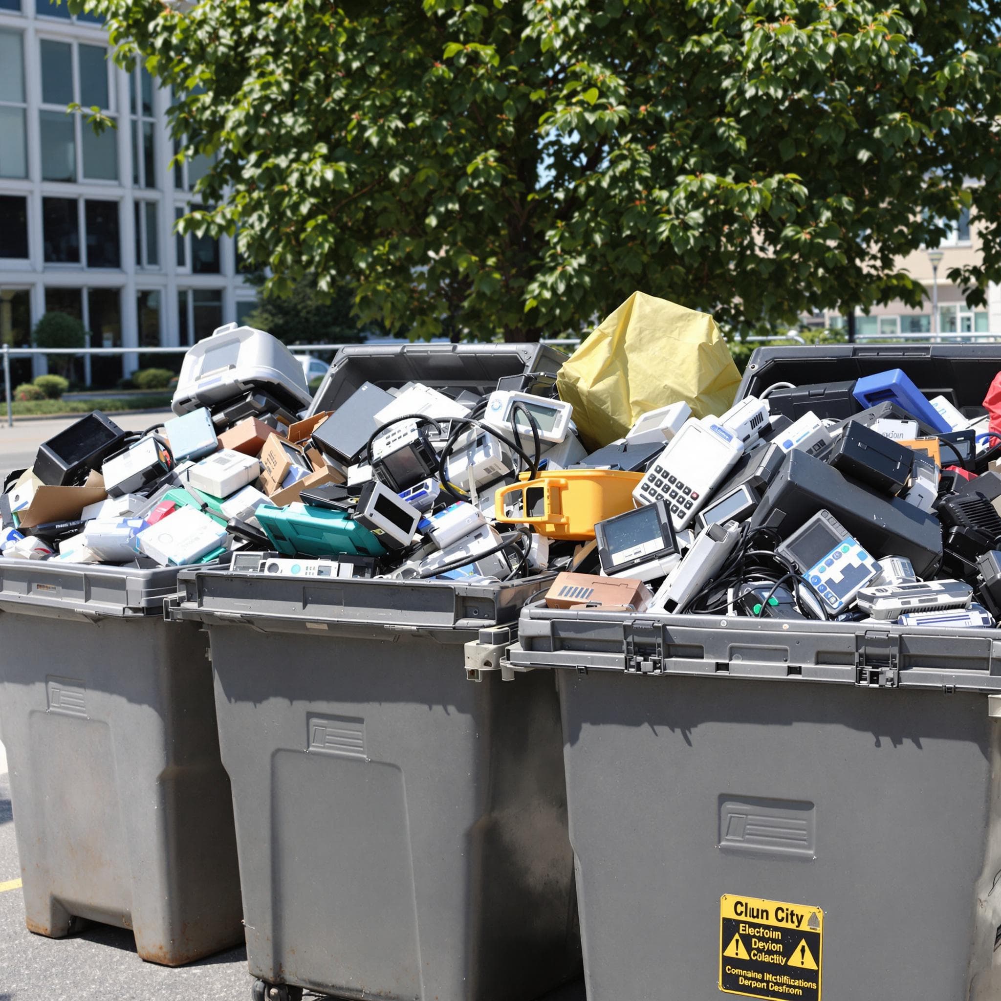 Sammelbehälter für Elektroschrott auf einem deutschen Wertstoffhof, gefüllt mit alten Fernsehern, Computern und Kleingeräten