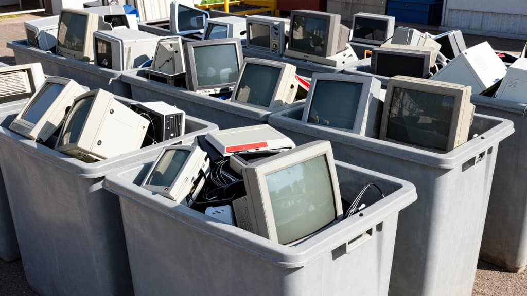 Sammelbehälter für Elektroschrott auf einem deutschen Wertstoffhof, gefüllt mit alten Fernsehern, Computern und Kleingeräten