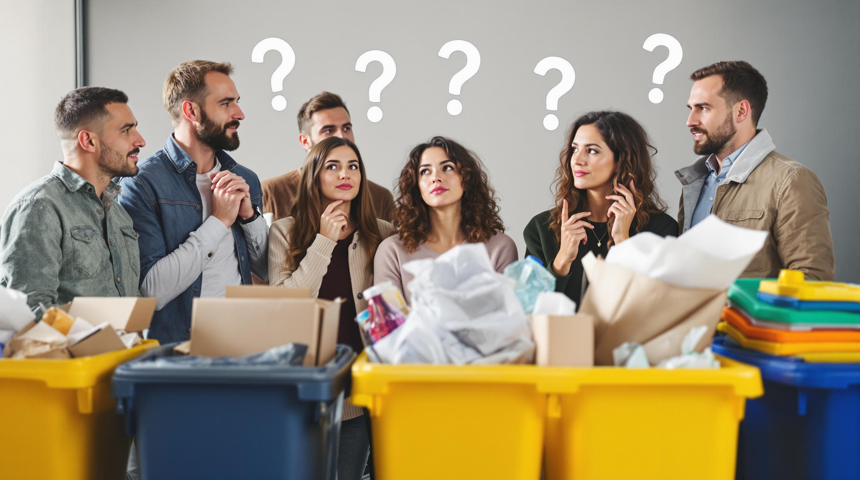 Menschen betrachten nachdenklich Recycling-Tonnen in Deutschland