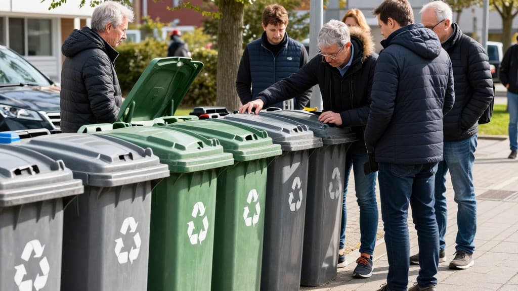 Menschen betrachten nachdenklich Recycling-Tonnen in Deutschland