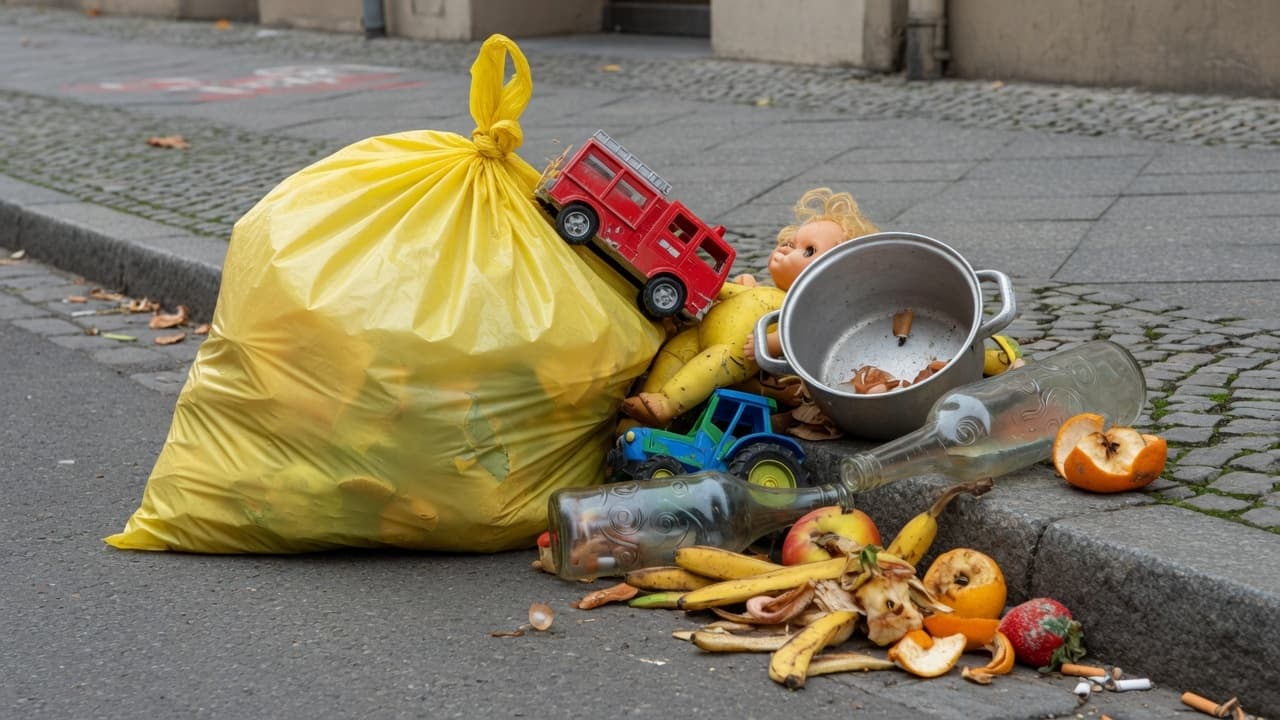 Typische Fehlwürfe neben einem Gelben Sack: Ein Plastikspielzeug, ein Kochtopf, eine Glasflasche und Biomüll.