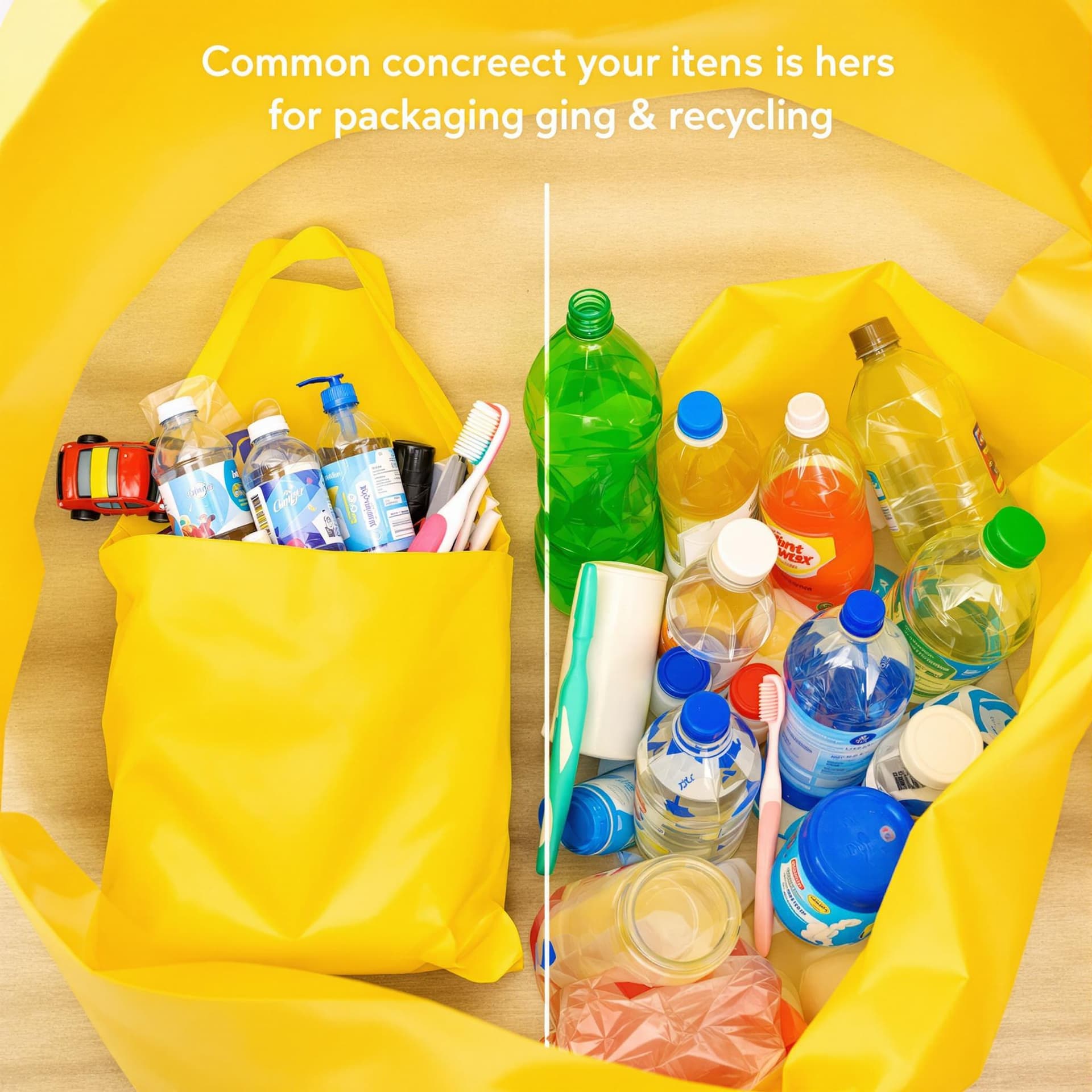 Typische Fehlwürfe neben einem Gelben Sack: Ein Plastikspielzeug, ein Kochtopf, eine Glasflasche und Biomüll.