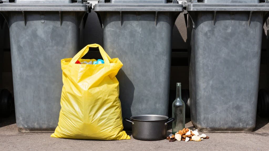 Typische Fehlwürfe neben einem Gelben Sack: Ein Plastikspielzeug, ein Kochtopf, eine Glasflasche und Biomüll.