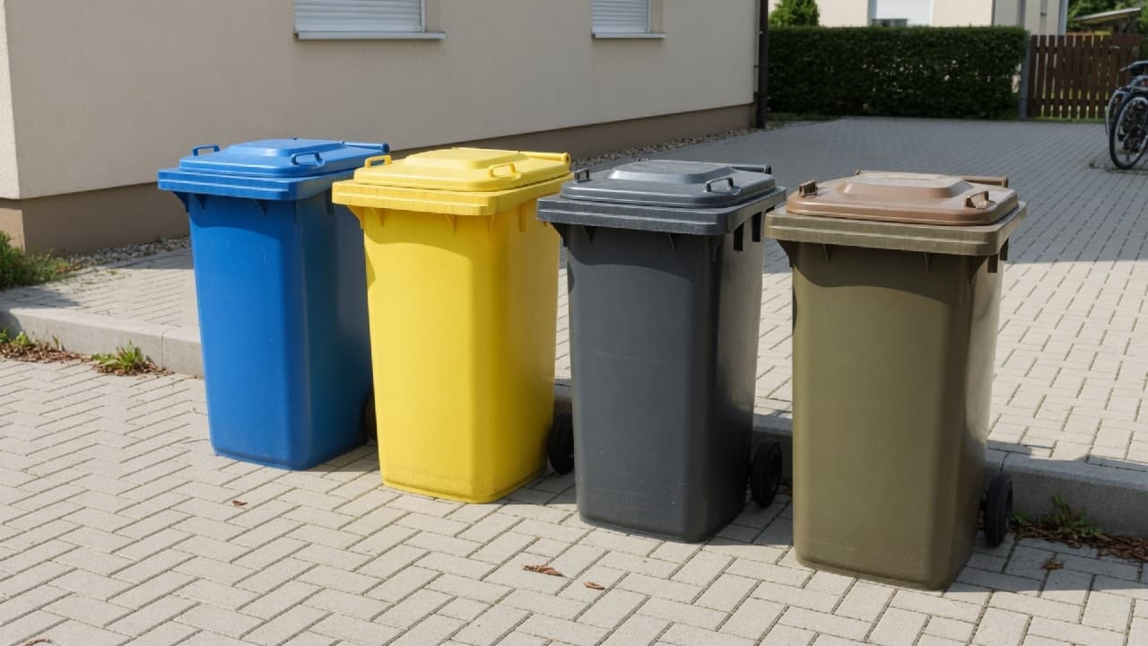 Mehrere farbige Mülltonnen zur Mülltrennung im Haushalt, blau, gelb, grau und braun