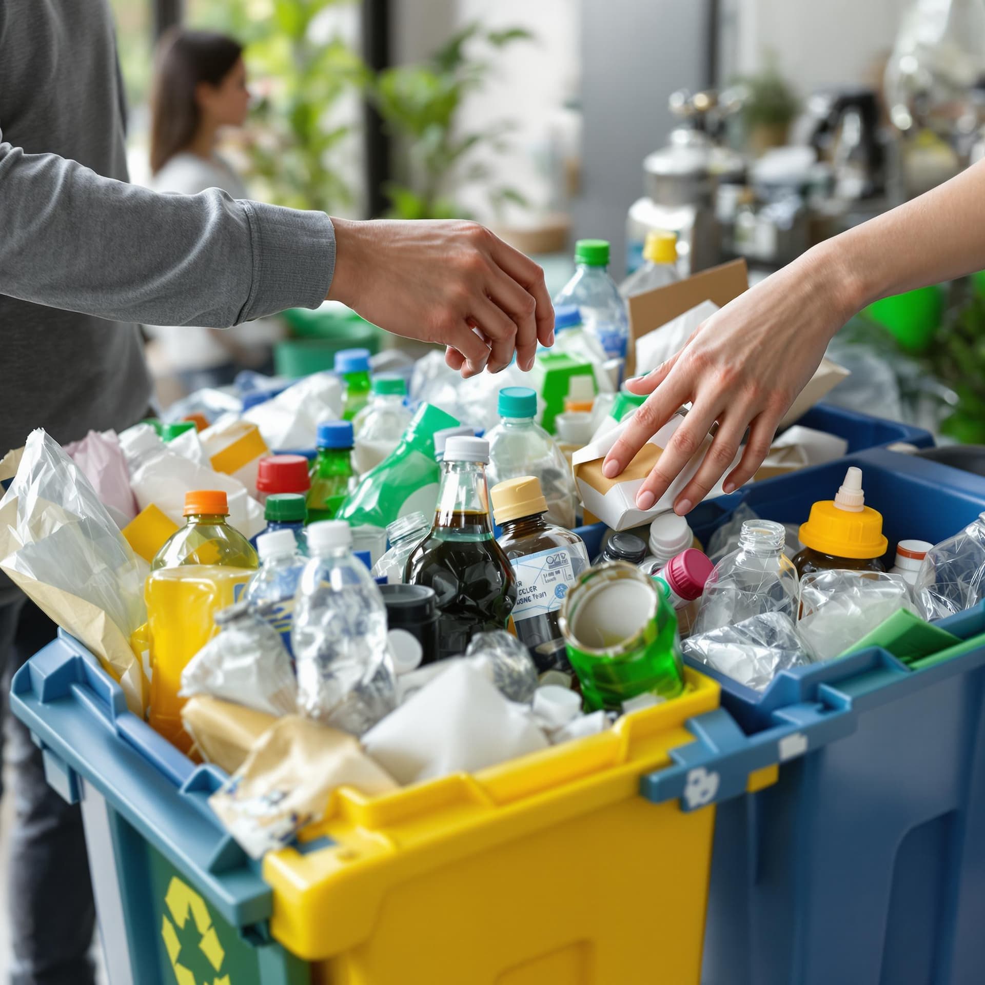 Mehrere farbige Mülltonnen (blau, gelb, grau, braun) stehen nebeneinander zur Mülltrennung bereit