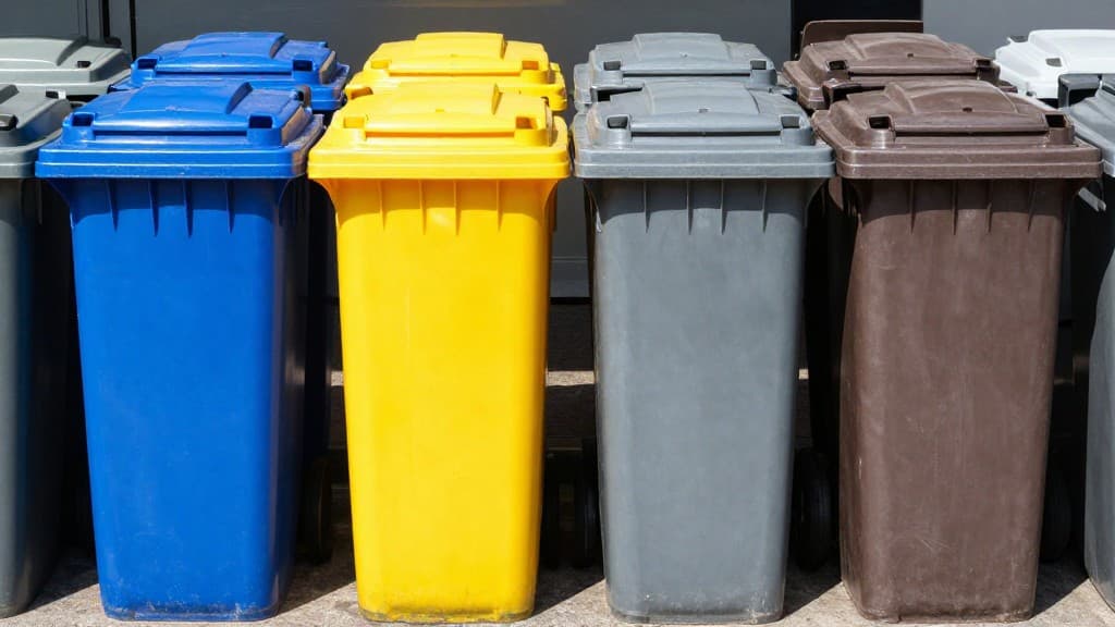 Mehrere farbige Mülltonnen (blau, gelb, grau, braun) stehen nebeneinander zur Mülltrennung bereit
