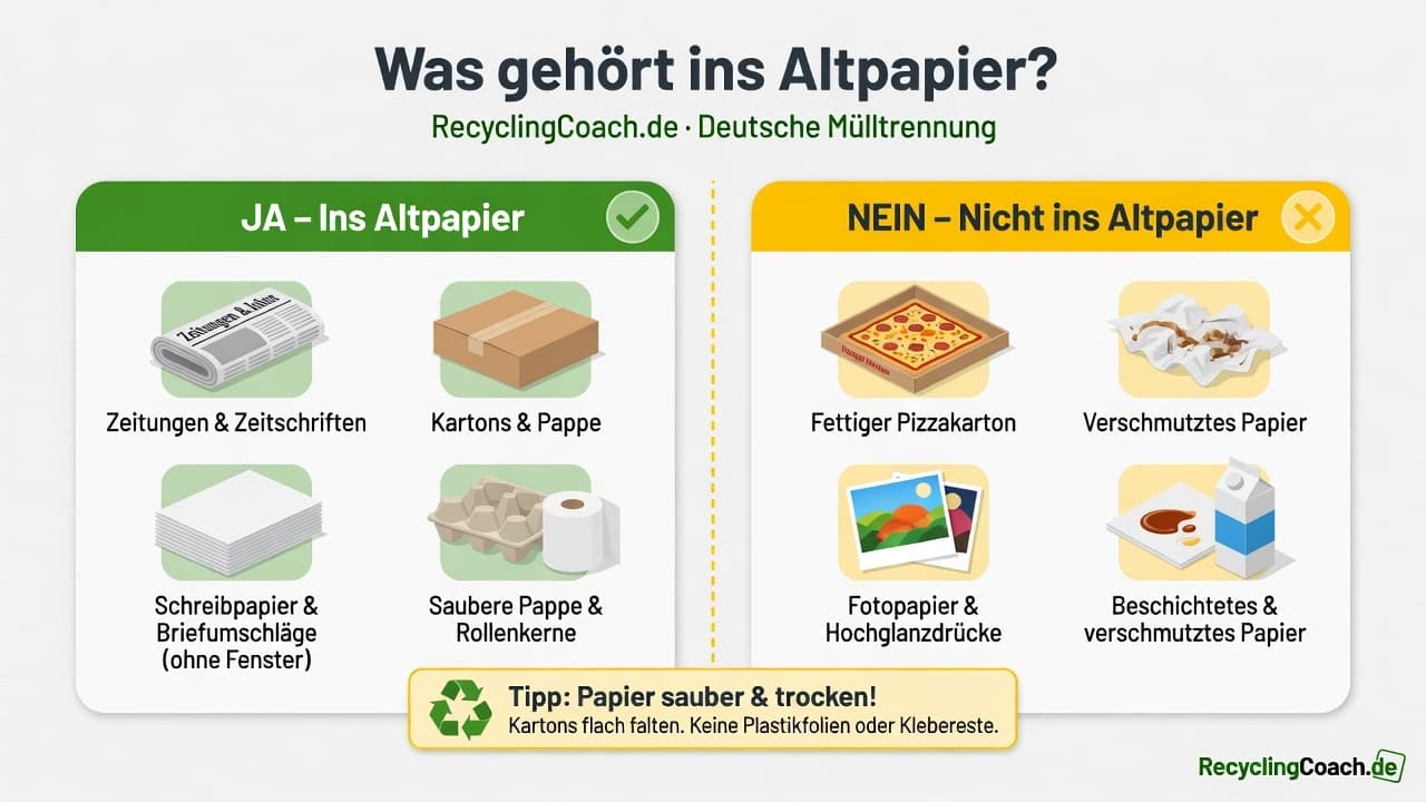 Infografik: Altpapier richtig sortieren — erlaubt vs. verboten