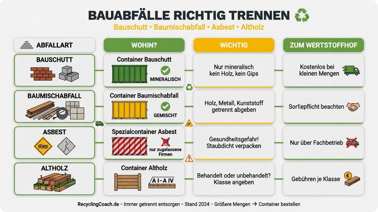 Infografik: Bauabfälle trennen — Bauschutt vs. Baumischabfall